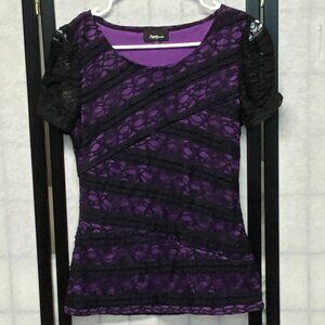 Amy Wear All Over Lace Ruffle Front Short Sleeve Lined Tee Shirt Black Purple